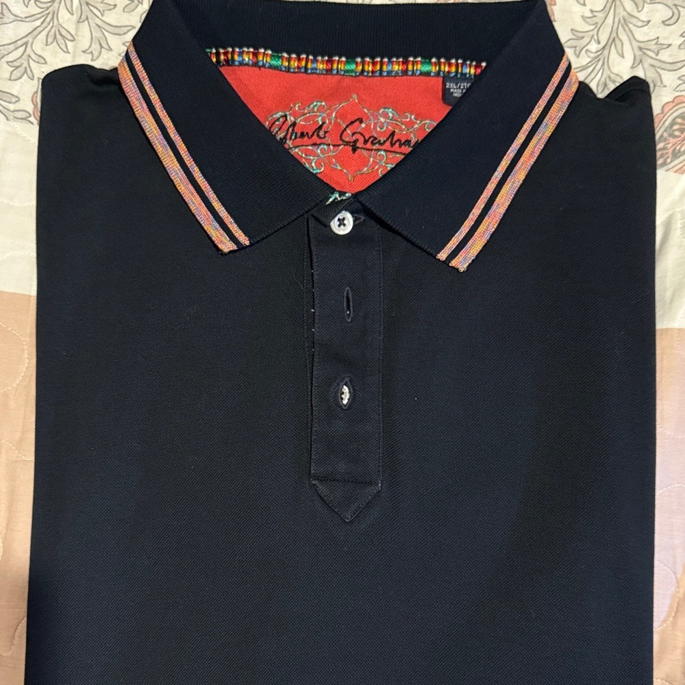 Robert Graham Black Polo with Multicolor Striped Collar